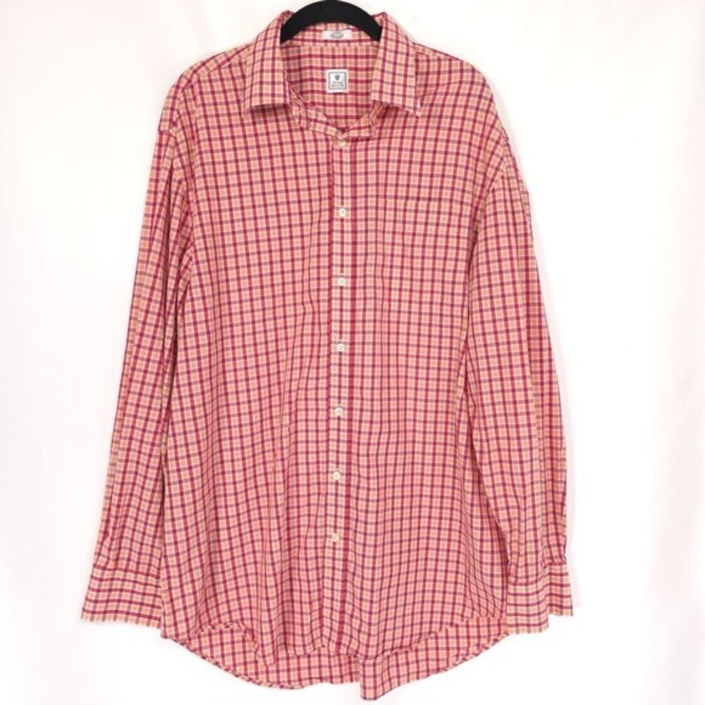 PETER MILLAR Men's Shirt LARGE Plaid Check Cotton Orange‎ Red Long Sleeve